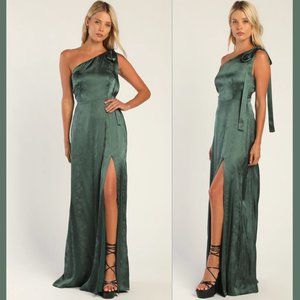 Lulu's Lovely Elegance Emerald Green Satin One-Shoulder Maxi Dress